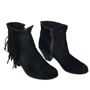 Sam Edelman Black Suede Louie Fringe-Trimmed Ankle Boot Size 8